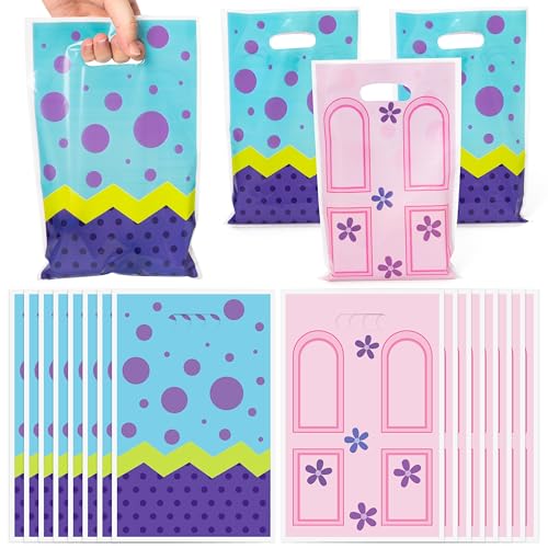 GaofanWai 50PCS Monster Party Favor Bags for Kids, Purple Pink Goodies Candy Treat Plastic Bags Bulk with Handles, Monster Party Decorations for Boys and Girls 1st 2nd Birthday Baby Shower Supplies