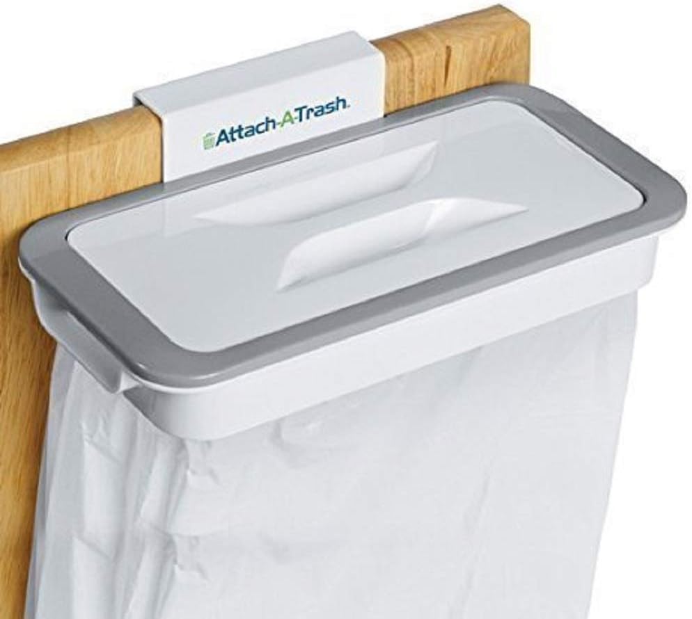 ALWAFLI ABS Hanging Kitchen Cupboard Door Back Style Stand Trash Attach Holder Garbage Bags Storage Rack Accessories, White/Grey, Standard Size