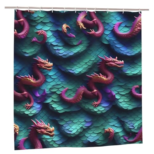 EdWal Cortina de ducha de poliéster con estampado de escamas de dragón mágico en 3D para baño, con ganchos, 185 cm de largo, accesorios de baño impermeables