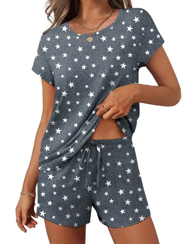 Image of Ekouaer Women 2 Piece Pajamas Set Short Sleeve Comfy Lounge Set Round Neck Tops and Shorts Pjs with Pockets