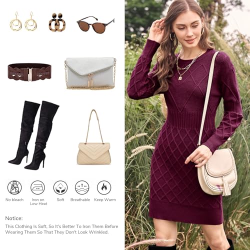 Dyexces Womens Sweater Dress Long Sleeve Crewneck Diamond Knit Sweater Dresses Sexy Slim Fit Pullover Dress4
