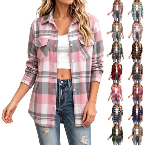 Aniywn Plaid Flannel Shirts For Women Fall Long Sleeve Button Down Blouse | Fall Button Down Shirt Women Plaid Lightweight Loose Fit Blouse Work Casual Long Sleeve Top Trendy Shirts With Chest Pockets - image 1