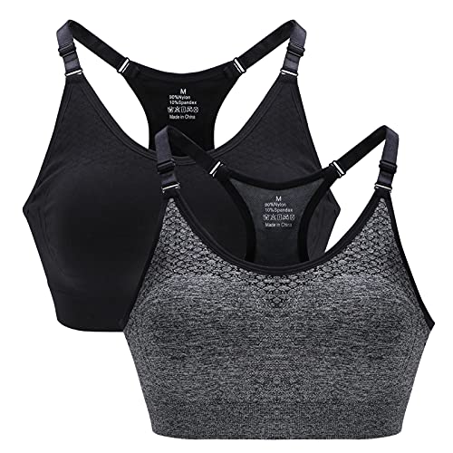 ZOEREA Sujetador Deportivo Mujer con Correas Ajustables Sin Costuras Sujetadores Deportivos con Acolchado para Fitness Yoga Bailar Correr 2 Piezas Negro+Gris, M