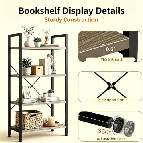 Image of HealSmart 4 Tier Bookshelf, Free Standing Book Shelf Home Office Bookcase Shelf Storage Organizer for Bedroom, Bathroom, Living Room, Office, Balcony, Gray Wood