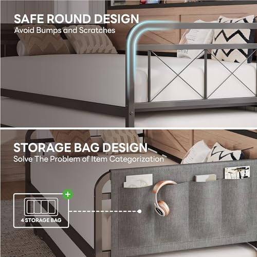 Image of LIKIMIO Twin Daybed, Day Beds with Pop Up Trundle, Storage Headboard with Charging Station, Strong Supports for Apartment and Other Small Space, Wood Color