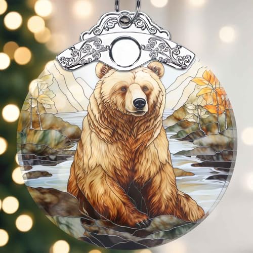 Christmas Ornaments, Bear Hanging Christmas Decor, Stained Glass Suncatcher, Double-Sided ...