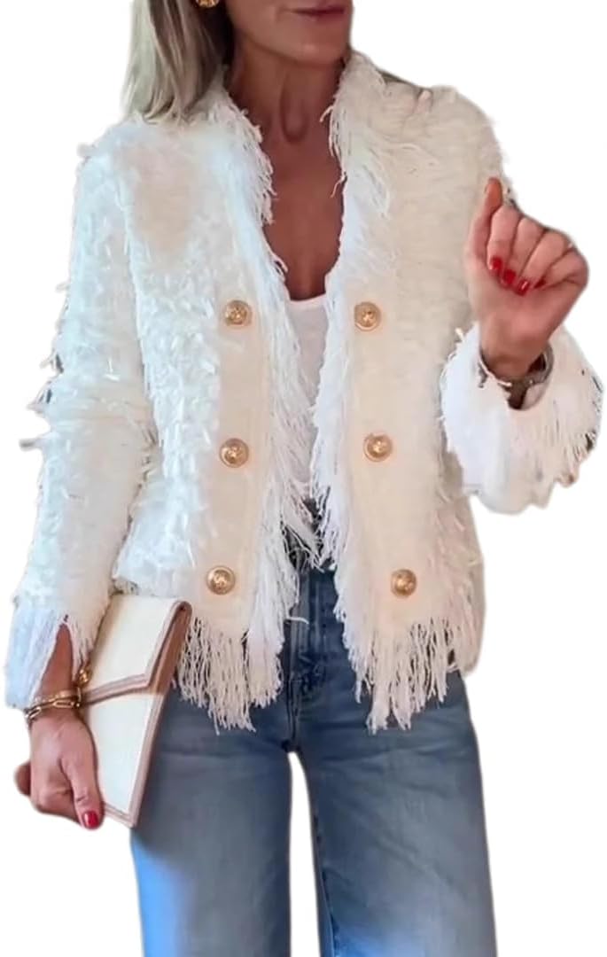 Chvity Fringe Jacket Women Tweed Blazer Cable Casual Open Front Cropped Fringe Lightweight Fashion Suit Jackets