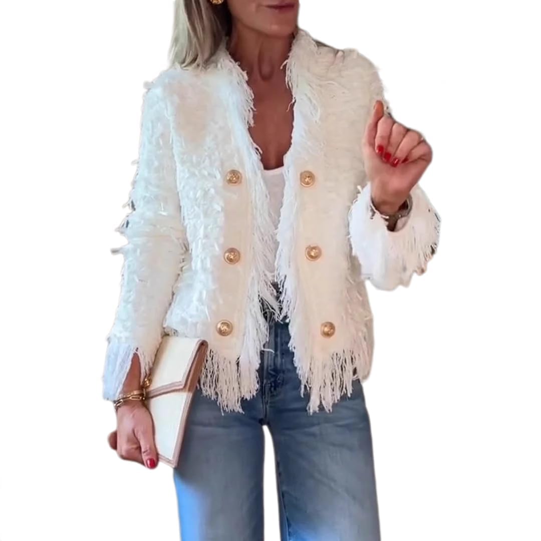 Chvity Fringe Jacket Women Tweed Blazer Cable Casual Open Front Cropped Fringe Lightweight Fashion Suit Jackets