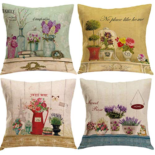7COLORROOM 4pack Vintage Flower Pillow Cover with Butterfly &Vase&Sweet Home Cushion Cover Sweet