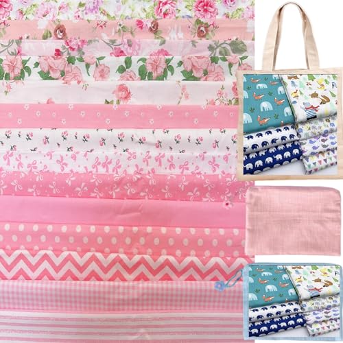 Image of Cotton Fabric DIY Making Supplies Quilting Patchwork Fabric Fat Quarter Bundles DIY for Quilting Cotton Patchwork Cushions (14pcs Light Pink, 20 inch x 20 inch)