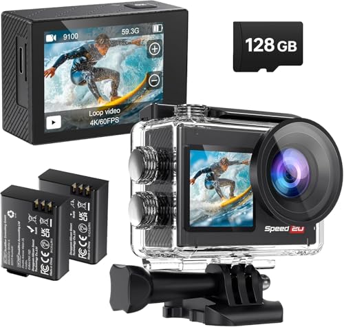 Hiicam Speed20 アクションカメラ ウェアラブルカメラ アクションカム 4K 20MP 6軸手ぶれ補正 タッチパネル式 デュアルカラースクリーン 40M防水 水中カメラ 外部マイク対応(別売り) WiFi搭載 スマホアプリ対応 170度広角 5倍ズーム 1350mAhバッテリー2個付き 128GBメモリーカード付き