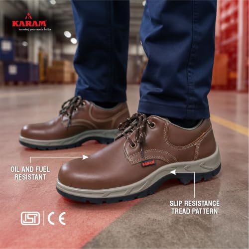 Image of Karam FS61 Brown Leather Safety Shoes for Men | Double Density with Steel Toe | Antistatic, Antislip, Oil & Heat Resistant