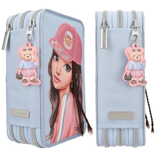 Depesche 13010 TOPModel Team Teddy - Gefüllte 3-Fach Federtasche in Hellblau, mit Model Motiv und Anhänger, Federmappe mit Buntstiften, Lineal, Schere uvm.