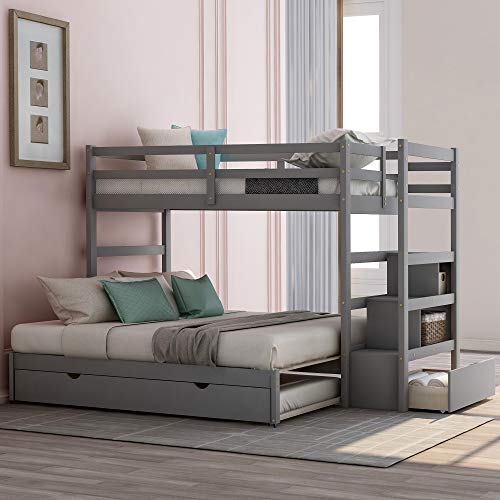 Polibi StairwayÂ Twin Over Twin/King Bunk Bed with Twin Size Trundle, Drawers and Guardrail, 3-in-1 Wood Trundle Bunk Bed for Boys and Girls, Grey
