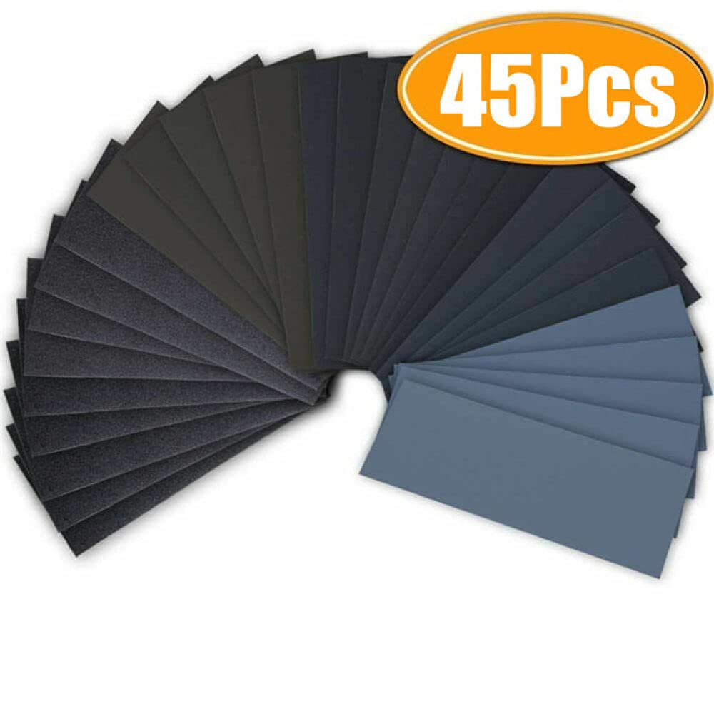 Papier abrasif sec et humide 45 pièces , assortiment de feuilles de papier abrasif 120-5000 à grain élevé pour l'automobile de polissage du bois et du métal, papier abrasif 45 pièces