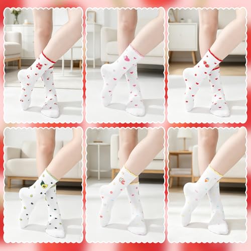 Image of 6 Pairs Women's Cute Crew Socks, Casual Athletic Cotton Cherry Heart Strawberry Calf Novelty Socks for Women