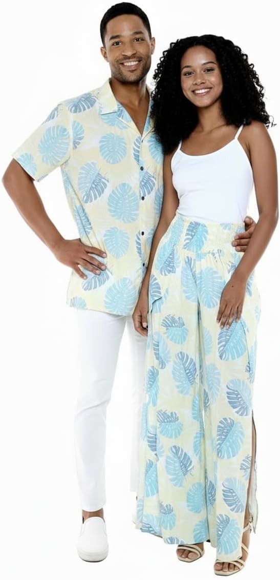 Matchable Couple Hawaiian Luau Shirt or Wide Legged Pants in Pacific Palm Cream
