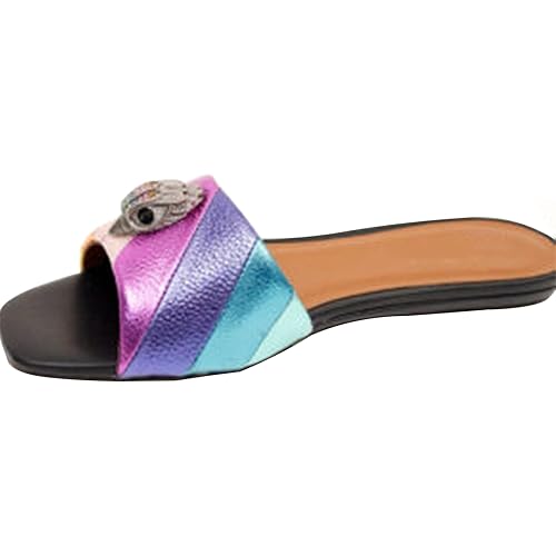 GORZADEUL Women's Flat Shoes Fashionable Metallic Eagle Toe Sandals Multicolor Striped Slippers