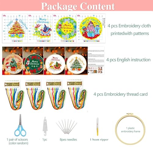 Image of Zhenqing 4 Pack Christmas Stamped Cross Stitch Kit, 11CT Printed Santa Reindeer Snowman Gingerbread Tree Wreath Patterns with Hoop and Tools, DIY Holiday Embroidery Set for Beginners