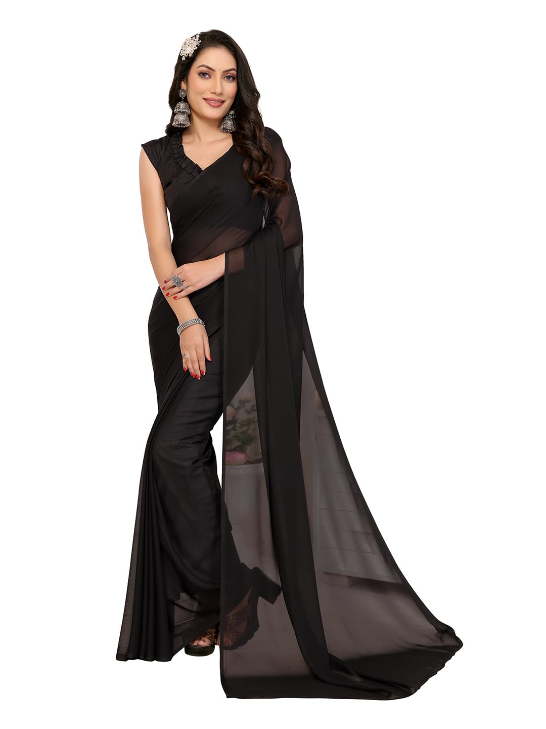 anand sarees Women's Regular Fit Solid Plain Bollywood Georgette Saree with Blouse Piece | Stylish, Comfortable & Fancy Saree for Weddings, Parties, Casual Outings, Festivals(Black)(OG_MD_RS_1466_6)-picture-3