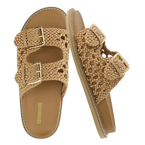 CUSHIONAIRE Weaver Summer Sandals for Women - Shiny Raffia Woven Slip On Womens Slides with Adjustable Buckle