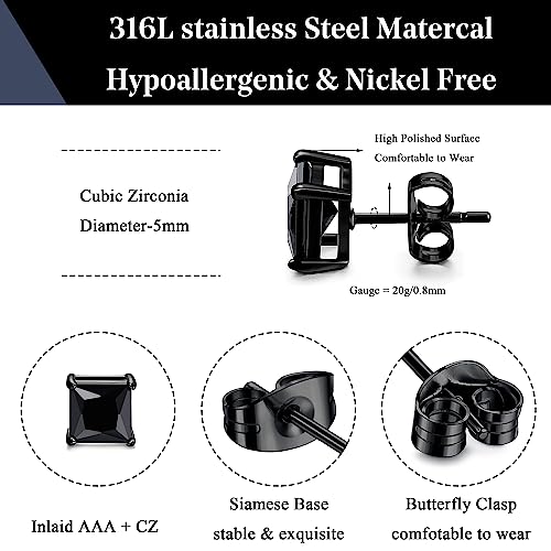 ORAZIO Black Silver Earrings for Men,Stainless Steel Cubic Zirconia Earrings 20G Mens Earrings Hypoallergenic CZ Earrings Studs Trendy Square Earring Studs Set 4-8MM2