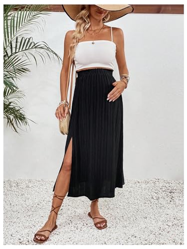 Makemechic Women'S Maternity Skirt Elastic Waist Split Side Pleated Summer Pregnancy Long Skirts Black Medium thumb #4