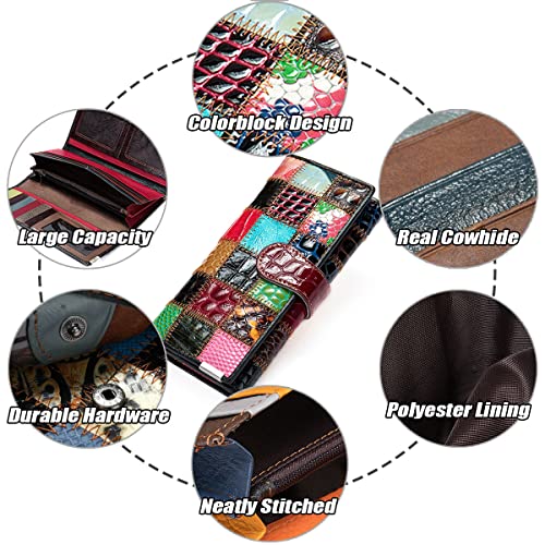 Handmade Patchwork Trifold Large Wallet for Women Colorful Genuine Leather Stitched Credit Card Holder Phone Clutch Purse4