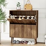 oakvivo Shoe Cabinet with 2 Flip Drawers, 31.5' Walnut Narrow Hidden Shoe Storage Cabinet, Freestanding Shoe Rack Organizer with Wooden Legs, Farmhouse Slim Shoe Storage for Entryway, Foyer, Hallway