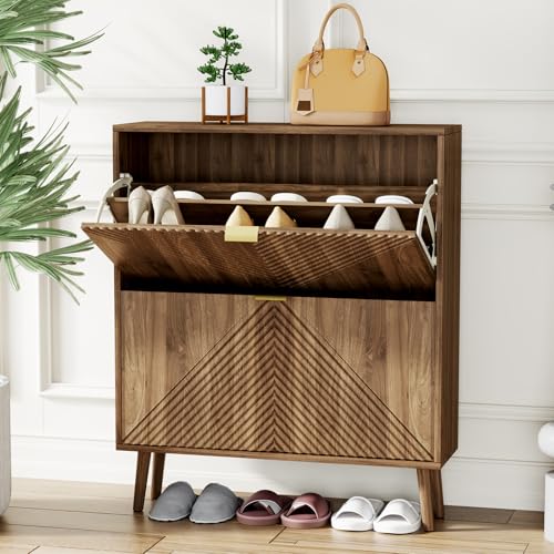 Shoe Cabinet with 2 Flip Drawers, 31.5" Walnut Narrow Hidden Shoe...
