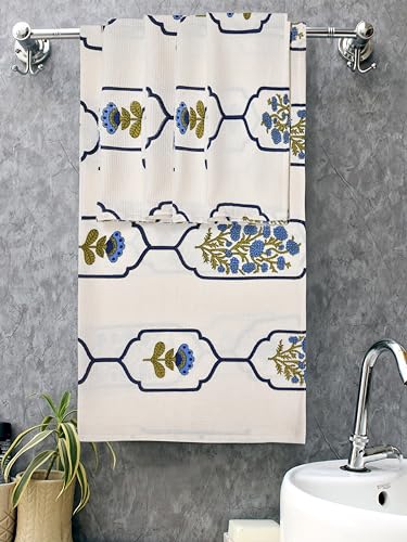 Image of Mafatlal Madhuban Premium Waffle Set (1 Bath 147x76 cm + 4 Hand 76x38 cm) | 250 GSM | High Absorbent Hand Block Print | Cotton | Horizon Blue