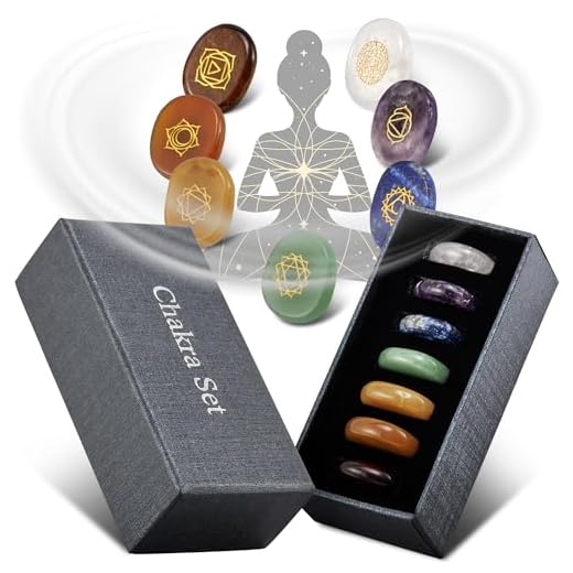 PURAJA Premium Chakra Set mit den 7 wichtigsten Edelsteinen | Heilsteine Set aus echten Edelsteinen | Chakren Steine mit eingravierten Symbolen | Handgefertigte Heilsteine für Meditation