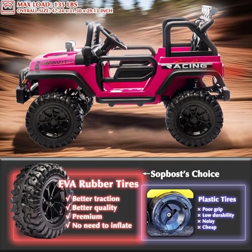 sopbost 24V Ride On Car with Remote Control, 2 Seater Ride On Toy for Kids, 4x4 Kids Electric Vehicle Car, Ride On Truck with EVA Tires Wheels, Bluetooth (Hot Pink)