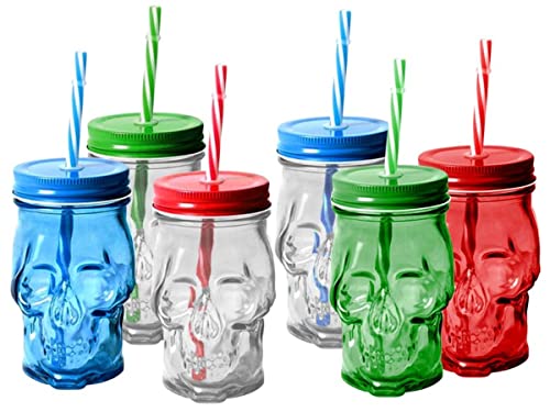 Utensilios De Cocina Originales Lote de 12 Botellas Decorativas de Cristal con Pajita en Colores Surtidos'Calaveras'. Vajillas. Regalos Originales para...