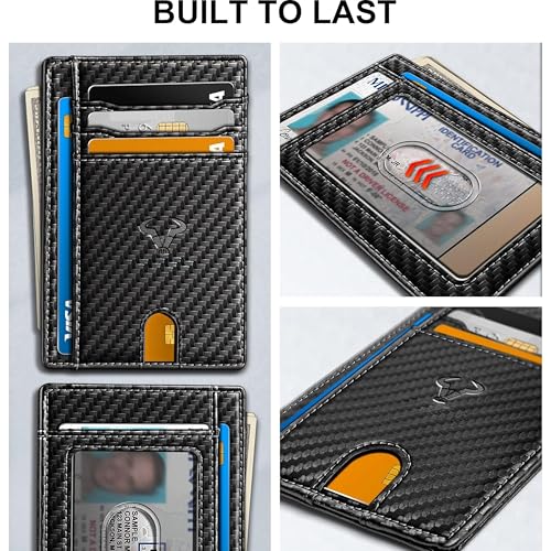 Image of Contacts Genuine Leather Slim Wallet | RFID Blocking Skinny Minimal Thin Front Pocket Wallet Sleeve Card Holder for Men | Up to 7 Card Slots Including 1 ID Window (Carbon Black)