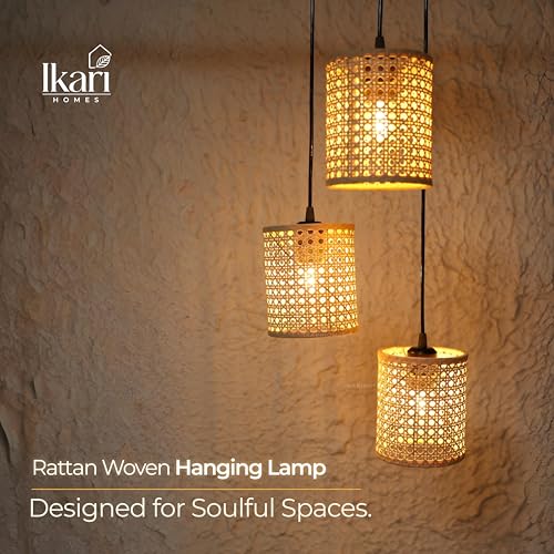 Image of Ikari Homes Rattan Chandelier 3 in1 Pendant Light, Natural Beige, Boho Style, E27 Base, Chandelier for Living Room I Dining I Bedroom I Balcony I Adjustable Wire - (Bulbs not Included) (Hex Mesh)