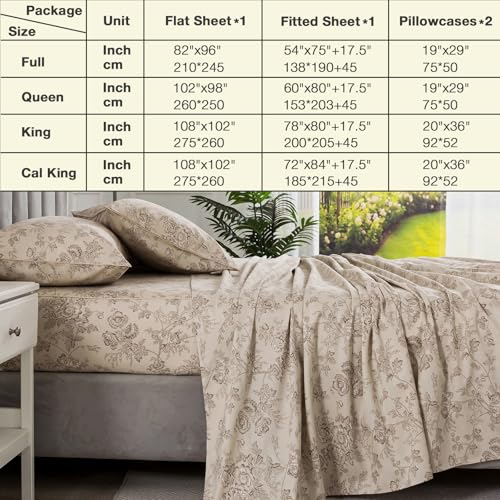 Image of Neutral Floral Beige Percale Sheets, Full Size 100% Cotton Brown Flower French Country Sheet Set, Soft Crisp Deep Pocket Vintage Farmhouse Bed Sheets, Luxury Designer Toile Bedding, 4Pcs