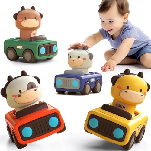Press and Go Car Toys 4 Pack for Toddlers Animal Baby Car Toys for 18 Months+ Old Boy Push Go Friction Vehicle Toys for Infants 18 Months+ One First Birthday Gifts for Boys Girls