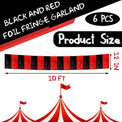 Image of 6 Pack 10 Feet Black Red Foil Fringe Garland Metallic Tinsel Streamers Banner Wall Hanging Curtain Backdrop Banner for Parade Floats, Thanksgiving, Christmas, Birthday, Halloween Party Decorations