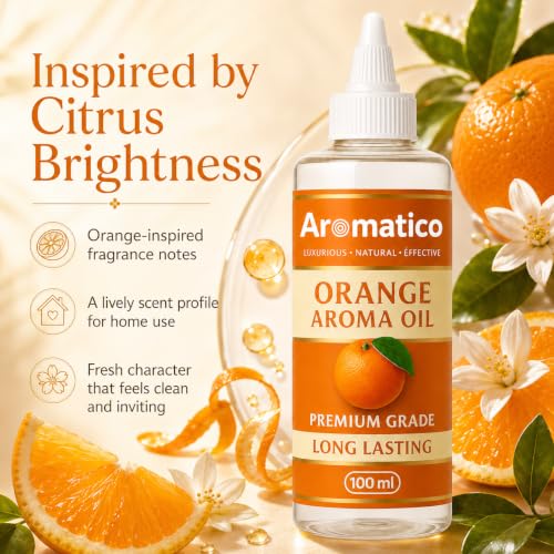 Image of AROMATICO Pure Orange Aroma Diffuser Oil with Long-Lasting Fragrance for Homes, Offices & Showrooms. Ideal for Diffusers, Reed Diffusers, Air-Purifiers & Candles 100 ml