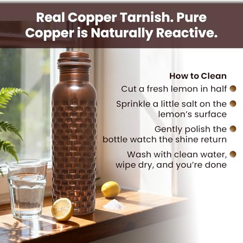 Craft Trade 100% Pure Copper Water Bottle 34 Oz – 1Liter Yoga Bottle, Ayurveda Inspired Antique Travel Vessel for Wellness, Handcrafted in Brick Pattern with Jute Carry Case, Leak-Proof, BPA-Free