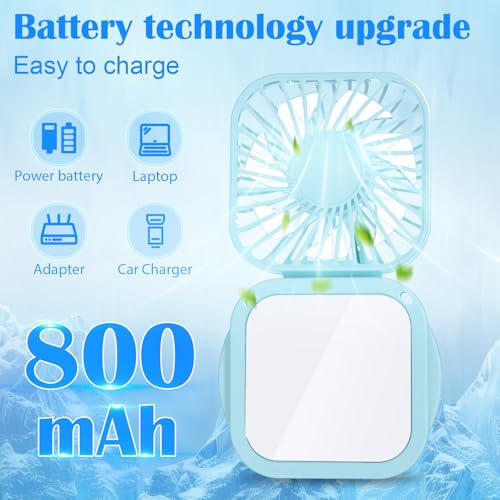 VIHOSE 4 Pcs Small Portable Handheld Neck Fans with Makeup Mirror Hanging Mini Personal Fans 3 Speed USB Rechargeable Cooling Travel Essentials for Women for Lashes, Home, Office, Outdoor (Blue) — view 3