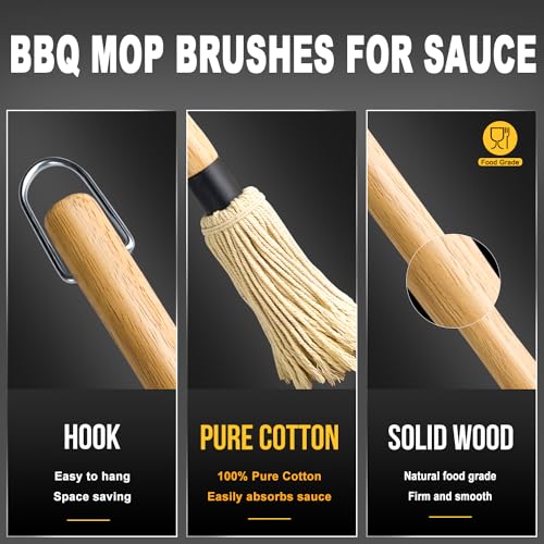 Image of Walfos Basting Brush Silicone and BBQ Mop, Grill Basting Mop with 3 Heads and 2Pcs Pastry Brushes, Wooden Long Handle, Heat Resistant for Grilling, Smoking Steak, Kitchen Cooking (18 inch）