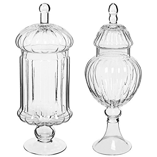 MyGift Set of 2 Clear Glass Ribbed Apothecary Jars/Kitchen Food Storage Jars/Candy Buffet Canisters w/Lids