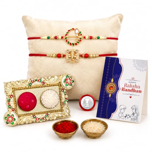 Image of Periapt Rakhi with Pooja Thali for Brother - Golden Color Round Shape & Ganesha Design Rakhi with Silver Color Coin, Greeting Card, Pooja Thali & Tilak Set - Tradtional Raksha Bandhan Combo Pack