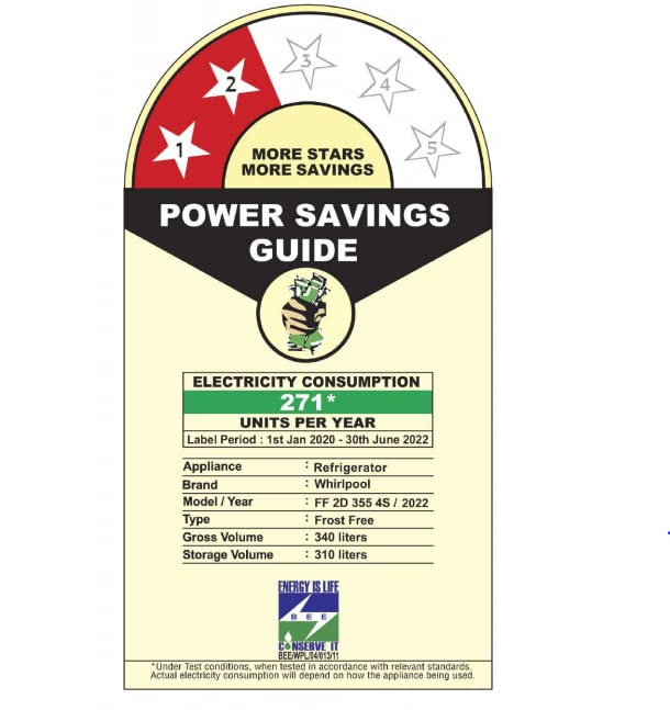 Energy efficiency label for the Whirlpool refrigerator, showing 2-star rating and 271 kWh annual consumption.