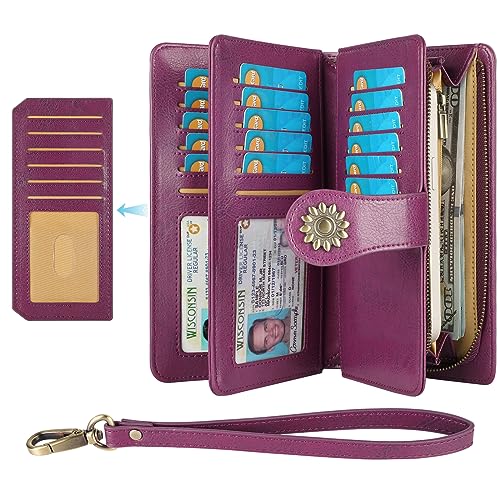 Lavemi Womens Genuine Leather Large Capacity RFID Blocking Wallets Clutch Card Holder With Wristlet Strap2