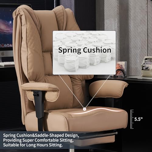 Big and Tall Office Chair 400lbs Wide Seat, Leather High Back Executive Office Chair with Foot Rest, Ergonomic Chairs Lumbar Support for Lower Back Pain Relief (Brown)