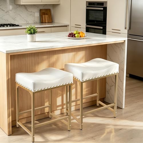 Image of Bar Stools Set of 2, 24 Inch Gold White Counter Height Stools with Cushion, Faux Leather, Metal Frame, Modern Style Stools for Kitchen Counter Island