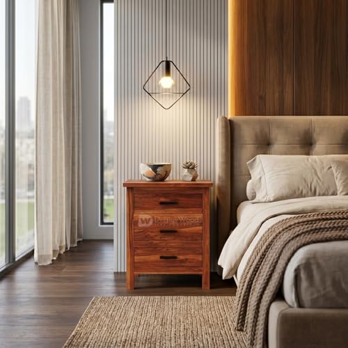 Image of DRIFTINGWOOD Roovi Solid Sheesham Wood Bedside Table with 3 Drawers | Wooden Nightstand /Side Table for Bedroom & Living Room (Honey Finish)